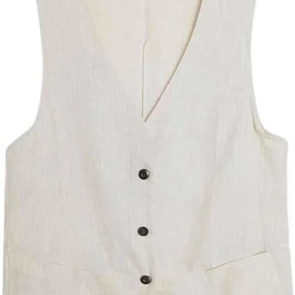 Womens Cotton Linen Vest Casual Sleeveless Blazer Cardigans Lightweight Jacket W - Picture 5 of 5